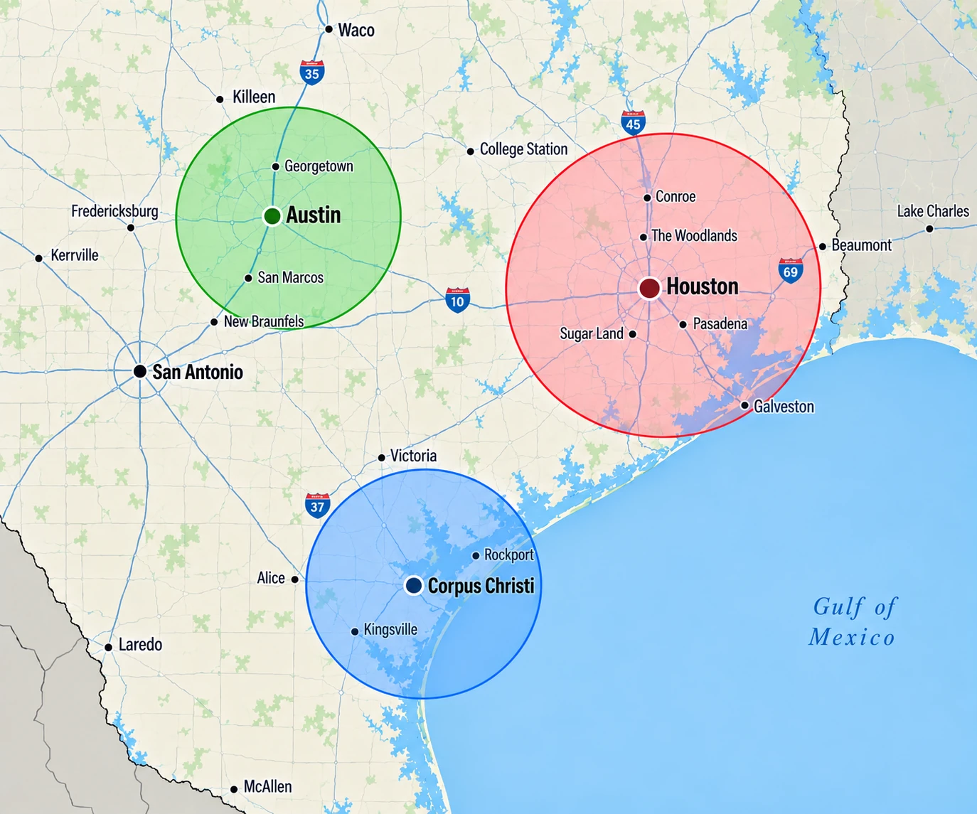 Map showing Aquaflo's Texas service areas, with coverage radius around Houston, Austin, and Corpus Christi